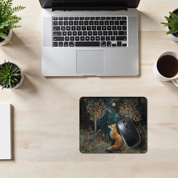 Dark Moody Forest Fox Mouse Pad, Fox Gifts for Women Men, William Morris Inspired Cottage Core Moonlight Wild Animal Mouse Pad for Home Office Computer Gaming Desk Essentials, 9.5x7.9 Inch