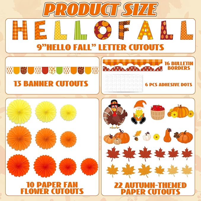 Hello Fall Bulletin Board Decorations Set with 3D Tissue Paper Flower Paper Fan DIY Fall Thanksgiving Classroom Bulletin Board Border Maple Leaves Pumpkins Cutouts for Library Home Chalkboard Supplies