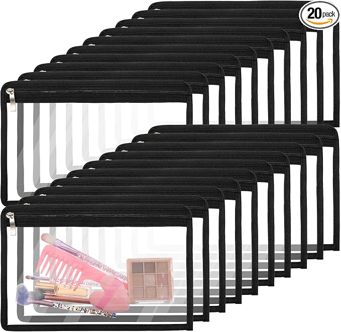 20 Pcs Large Clear Zipper Pouches Pencil Pouches PVC Makeup Pouch Envelopes Folder Storage Multi Purpose Pouch Document File Organization Bags, Office Supplies (Black Edging, 11.4 x 7.5 Inches)