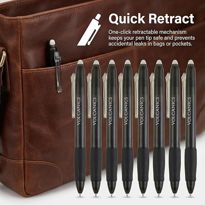 Volcanics Retractable Erasable Gel Pens Soft Black 12 Pack, 0.7mm Click Erasable Gel Ink Pens for Smooth Writing & Easy Erasing, Refillable Erasable Click Pens for School Office Supplies