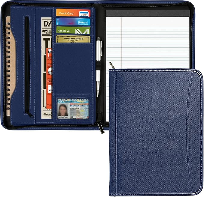Zippered Portfolio Organizer/ A4 Refillable Lined Writing Notepad Folder Case/Fabric-Covered Padfolio Binder with Interior Storage Pocket for Men Women, Navy Blue