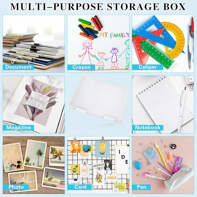 PerKoop 6 Pcs Clear Paper Storage Box A4 Plastic File Box Document Paper Organizer Storage Board Game Project Cases Containers with Buckle for Craft, Magazine(12.4 x 9.84 x 1.18 Inches,White)