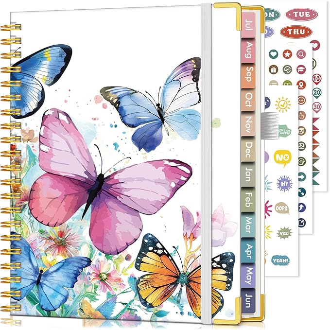 Academic Planner 2026-2027, Hardcover Leather Weekly and Monthly Calendar Planner from July 2026 - June 2027, A5 6.1" x 8.2" Daily Agenda with Tabs, College School Organizer for Student Teacher, Butterflies in the Blooms