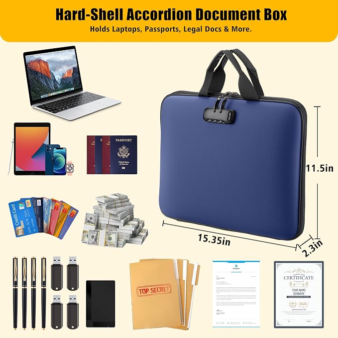 Fireproof Document Box with Combination Lock, Hard-Shell Fireproof File Organizer for Legal Documents, Laptop, Valuables & Important Papers, 13-Pocket Accordion File Folder