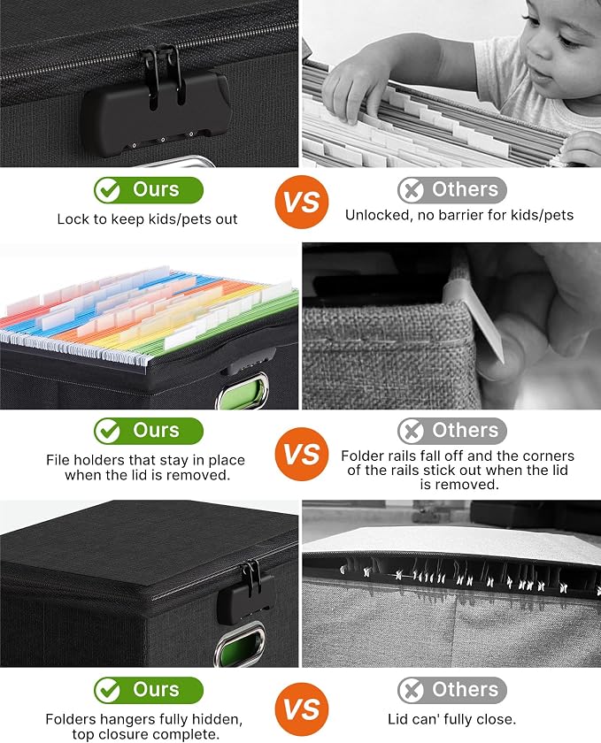 Oterri File Organizer Boxes with Lids, File Box with Mesh Pockets for Letter Size Folders, Lockable Zippers Filing Box for Home,Office, School (Black, Small-L-1 Pack Without Folders)
