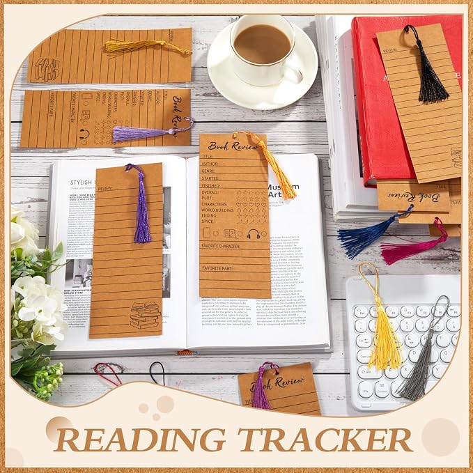 50 pcs Colorful Book Review Bookmarks with 50 Bookmark Tassels Book Tracker Reading Log Page for Readers Bookish Bookworm Gift, Reading Page Tracker for Students Teachers Women (Brown)