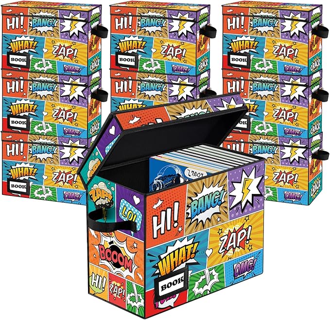 10 Pack Comic Book Storage Box, 15.8" X 7.8" X 11.8", Heavy Duty Collapsible Holds 160-180 Comic Book Bin Container Holder Shelf(Cartoon Colorful)