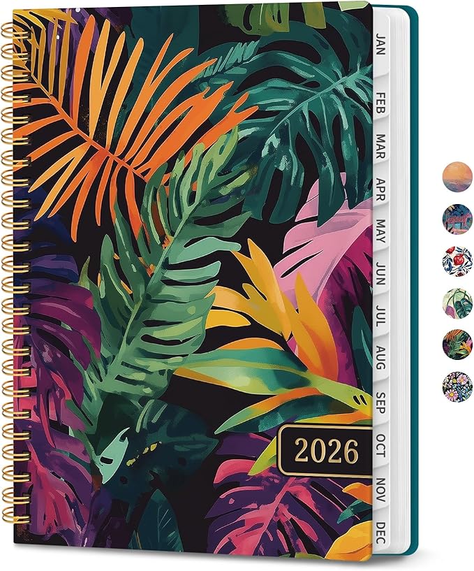2026 Planner, Weekly and Monthly Calendar Planner for Women, Jan 2026 - Dec 2026, Hardcover Planning Agenda book with Tabs, Spiral Bound, Inner Pocket, Perfect for School Office Supplies, 6.3" x 8.5" - Tropical Palms