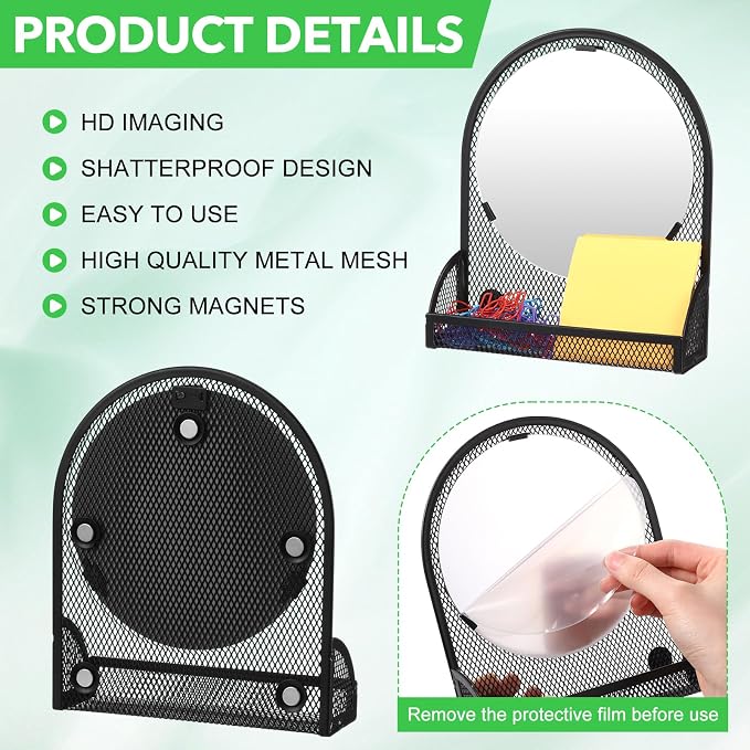 Weysat Set of 5 Magnetic Locker Accessories Mirror with 2 Magnetic Pen Holder and 2 Wire Mesh Storage Basket for Students Back to School Locker Organizer for School Office(Black)