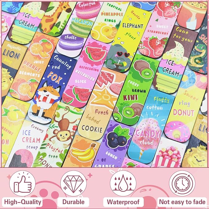 105 Pack Magnetic Bookmarks for Kids,Cute Page Markers,Back to School Gifts for Students Teachers，Easter Basket Stuffers 30 Styles(Fruit Food Animals)