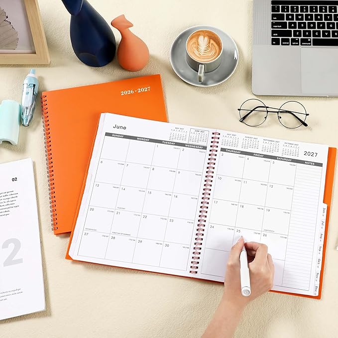 Monthly Planner 2026-2027 - JUL 2026 - DEC 2027, Monthly Calendar 2026-2027, 18 Month Planners with Tabs & Pocket & Label, Contacts and Passwords, 9" x 11", Thick Paper, Twin-Wire Binding - Orange