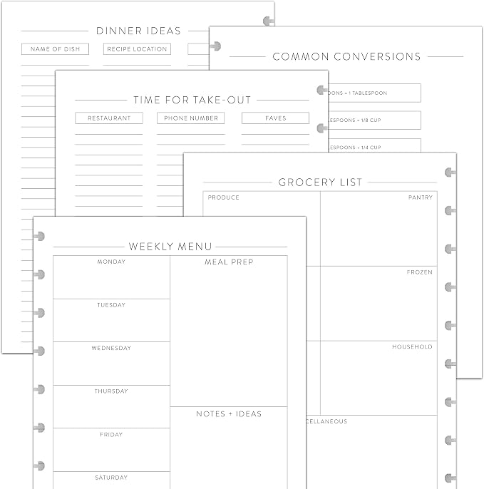 BetterNote Meal Plan Refill Pages for Discbound Planners, Fits Levenger Circa, TUL, Happy Planner, Staples ARC, Menu, Grocery List (6 months, 9-Disc, 7"x9.25")