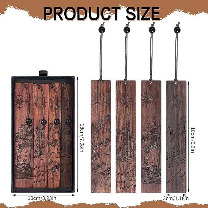 4Pcs Wood Bookmark for Men Father's Day, Adventure Wooden Carving Book Mark Vintage Bookmark for Men Boy Book Lovers Birthday Present Students Teachers Appreciation