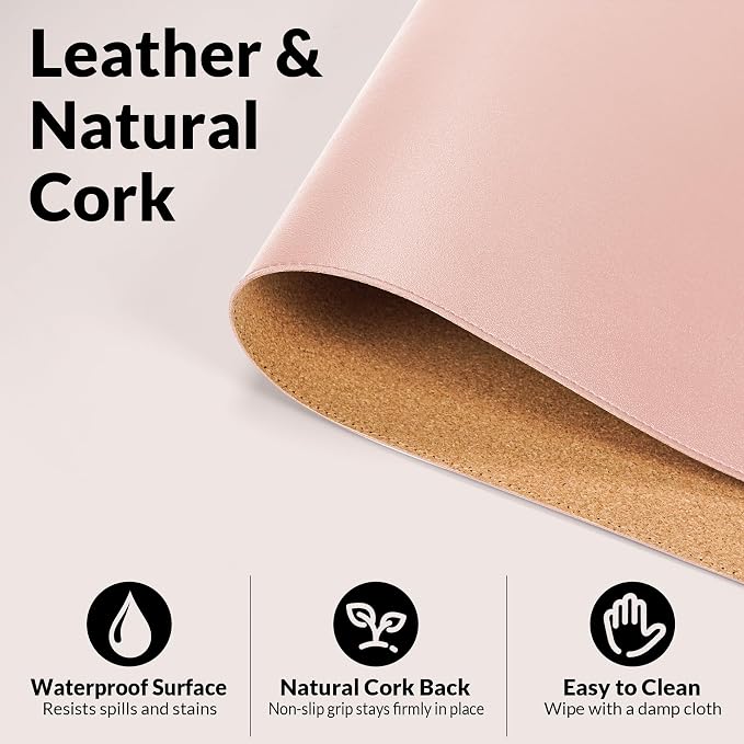 AFIING Cork Desk Mat, 31.5" x 17", Pink,Desk pad Protector | Dual-Sided Cork & PU Leather, Waterproof, Non-Slip, For Office & Gaming