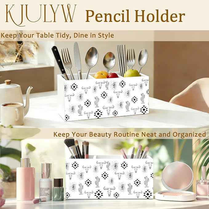 Western Desk Accessories Pen Holder, Western Office Decor, Boho Aztec Bull Skull Cactus Wooden Box Pencil Pen Holder Organizer for Home Office Desk Accessories