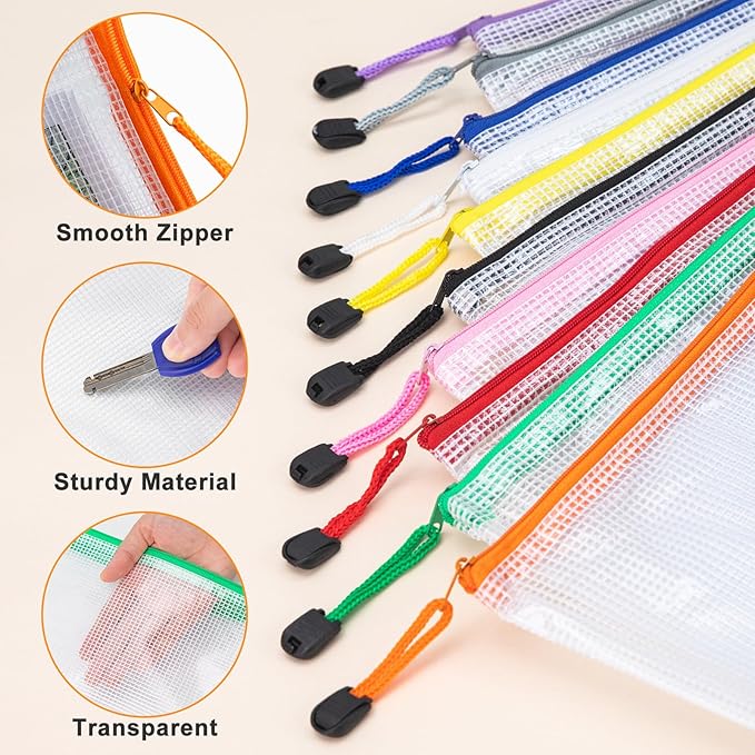 A3 Letter Size Mesh Zipper Bag with Sticker, 24 Pack Storage Pouch, Organization Baggies for Travel, Office Appliances, Classroom Supplies and Home Classification