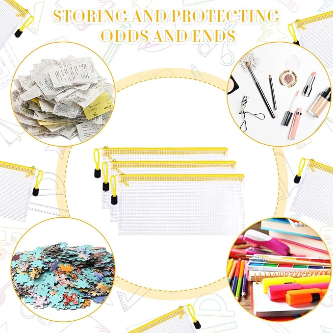 Sherr 120 Pcs Mesh Zipper Pouch A6 Pencil Pouches Bulk Small Clear Mesh Bags with Zipper 9.45'' x 4.53'' Waterproof File Bag Pencil Case for School Office Travel Organization(Yellow)