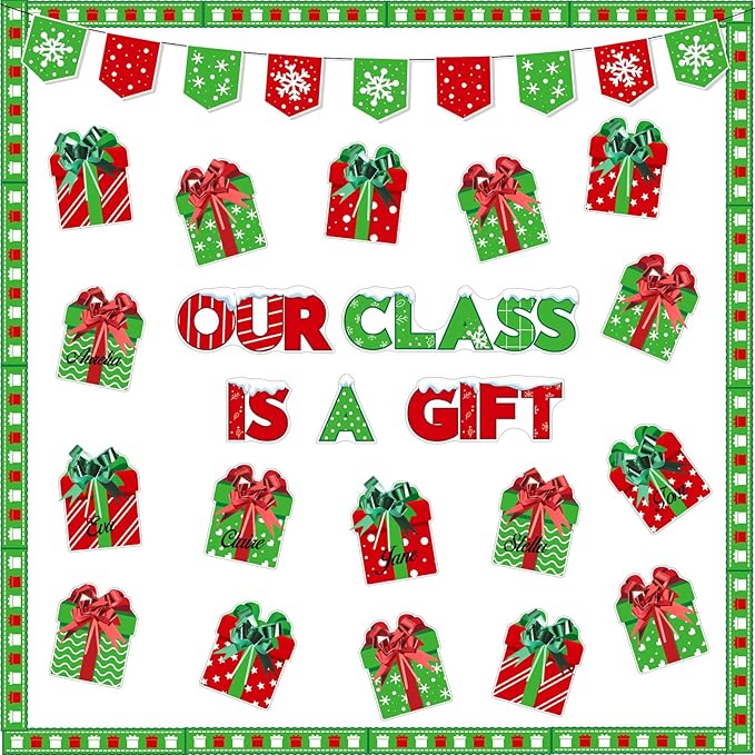 Frienda 108 Pcs Christmas Gift Boxes Bulletin Board Decoration Set Our Class is a Gift Cutouts Christmas Winter Holiday Classroom Decorations for Xmas School Classroom Door Bulletin Board