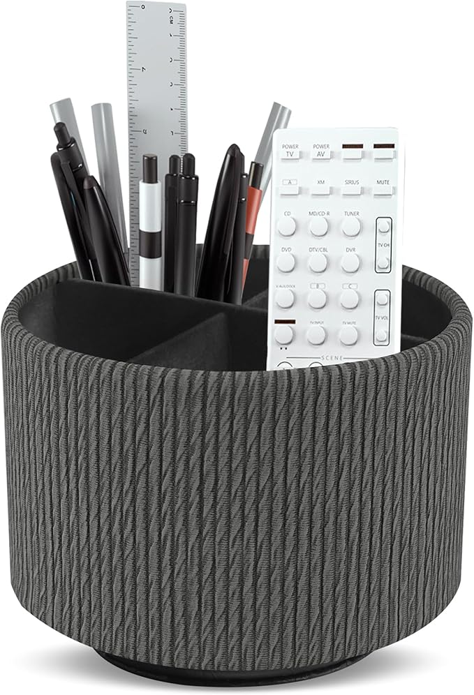 Round Leather Art Supply Organizer,Remote Control Holder,360 Degree Spinning,Multi-Functional Pencil Holder,4 Compartments Desktop Stationary Organizer(1-Wood Black)