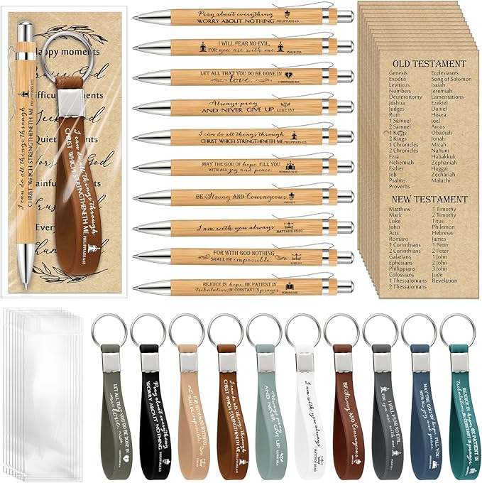 Gueevin 10 Sets Christian Party Favors Gift Bulk Church Father's Day Sunday School Teacher Graduation Bible Verse Bamboo Pen Prayer Religious Bookmarks Scripture Silicone Keychain (Inspirational)