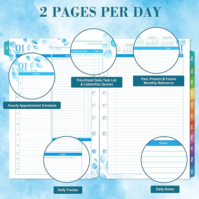 Planner Refills - 2026-2027 Planner Refills, July 2026 - June 2027, 2 Pages Per Day Daily ＆ Monthly Planners, A5 Planners Inserts, 5.51" x 8.38", Daily Tracker, 7-Hole Punched