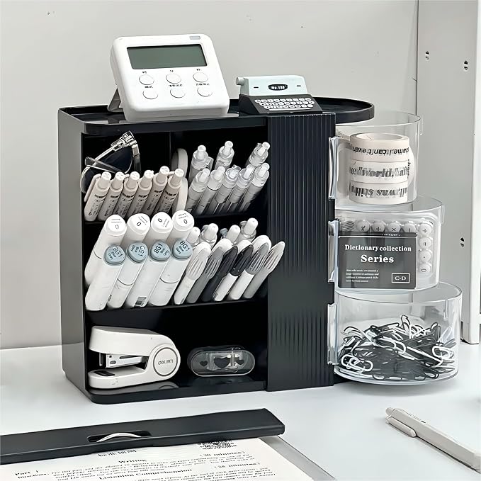 Desk Organizer with Pen Pencil Holder for Desk, Pen Organizer with 3 Drawers, Multi-Functional Desk Organization Deals and Accessories Desktop Storage for Office Home Art Supplies (Black)