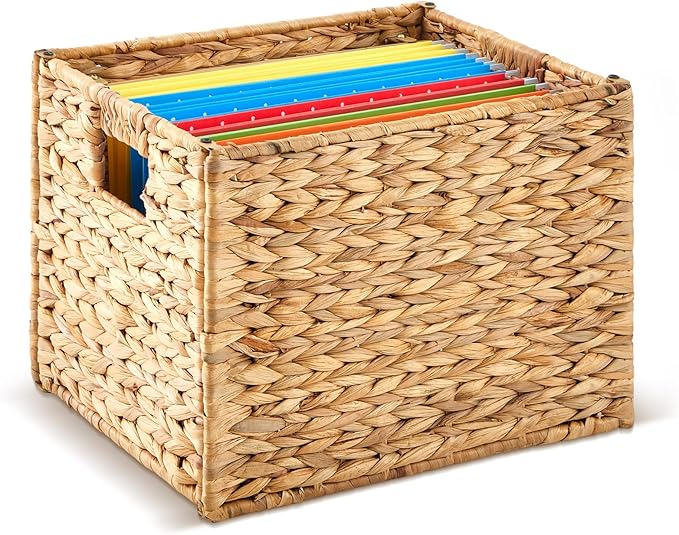Jingmore Hanging File Box, Water Hyacinth Collapsible Woven File Organizer for Letter Size Files, Portable Decorative Storage Basket with Handles for Home Office Decor
