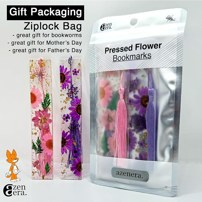 Pressed Flower Bookmarks (2 Pack) Clear Dried Floral Resin with Tassels Handmade Gift for Women, Students, Bookworms, Book Lovers, Accessories to Increase Reading Interest