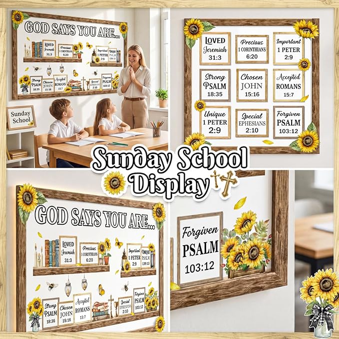 Qilery Sunflower Faith Bulletin Board Decorations Set, Cardstock Religious Wall Cutouts, Bulletin Board Borders & Letters, Christian Office Inspirational & Church Classroom Decor Kit, Adhesive Dots