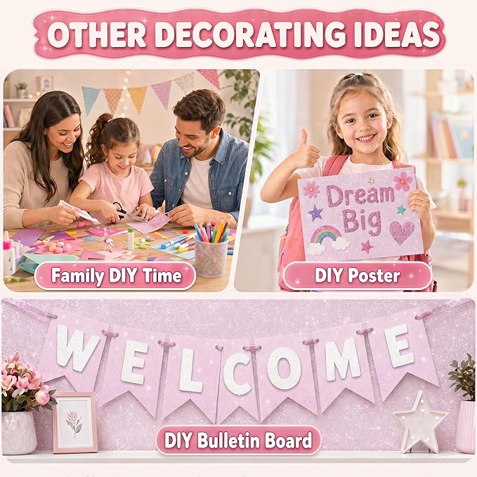 16" × 30ft Pink Glitter Bulletin Board Roll Reusable Board Background Paper Wallpaper DIY Art Crafts Poster Paper Classroom Bulletin Board Decor for School Office Arts Crafts Home Wall Decor Supplies