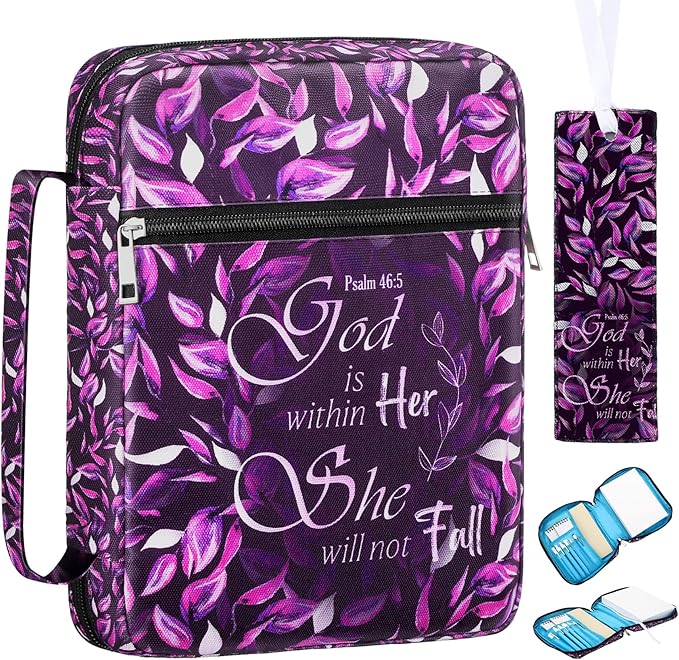 Laumoi Bible Cover Case for Women 10'' Leaves Carrying Book Case, God is Within Her She Will Not Fall, Bible Cover Bag for Study Christian Gift