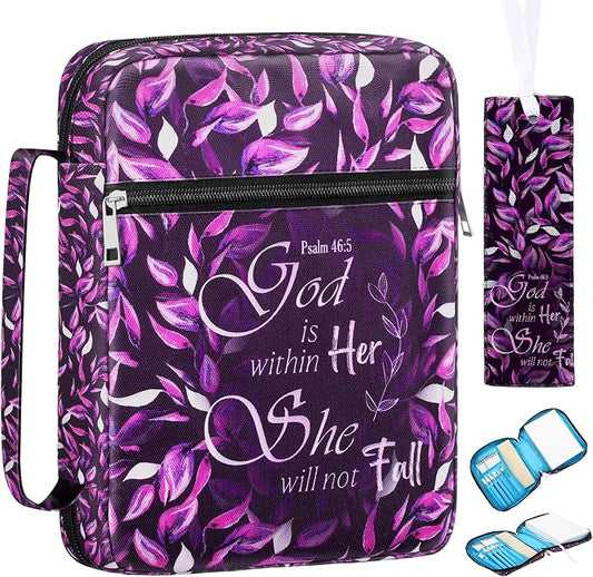 Laumoi Bible Cover Case for Women 10'' Leaves Carrying Book Case, God is Within Her She Will Not Fall, Bible Cover Bag for Study Christian Gift