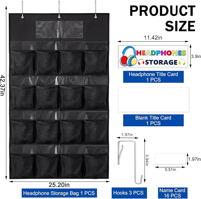AmazingSpark 16 Pockets Classroom Headphone Storage Thickened Non-woven Fabric Mesh Pocket Chart over The Door Hanging Cell Phone Organizer with Signed Card for Back to School Library Classroom,Black