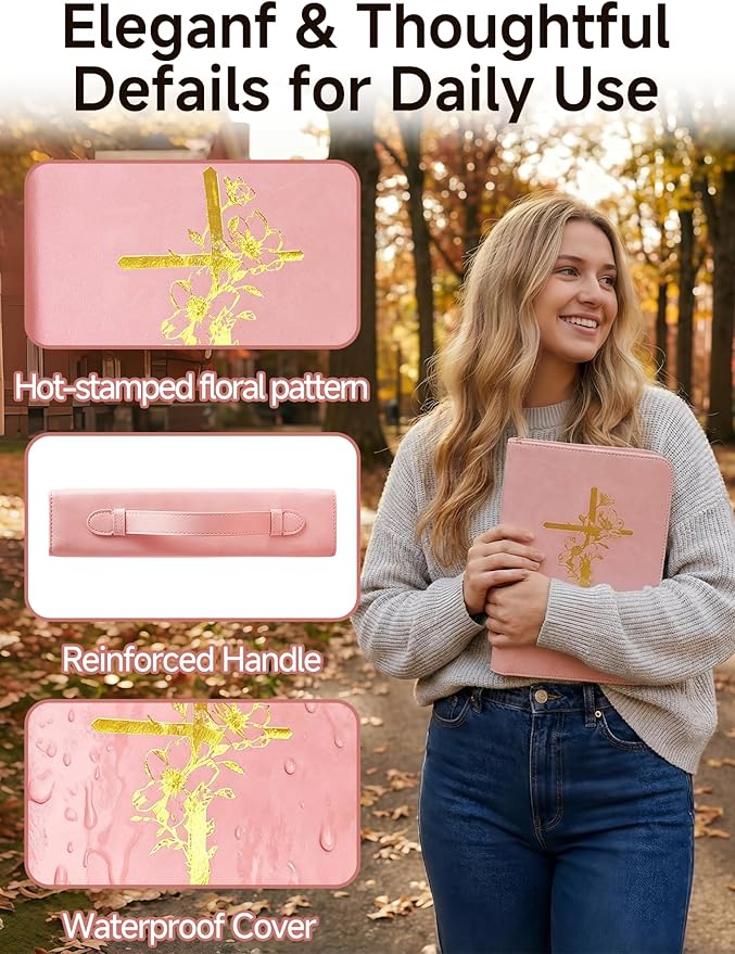 Bible Cover Case for Women, Large Bible Bag with PU Leather Hot Foil Stamping Cross Design, Journaling Kit, Bible Study Supplies Accessories, Christian Gifts for Girls & Women (Pink)