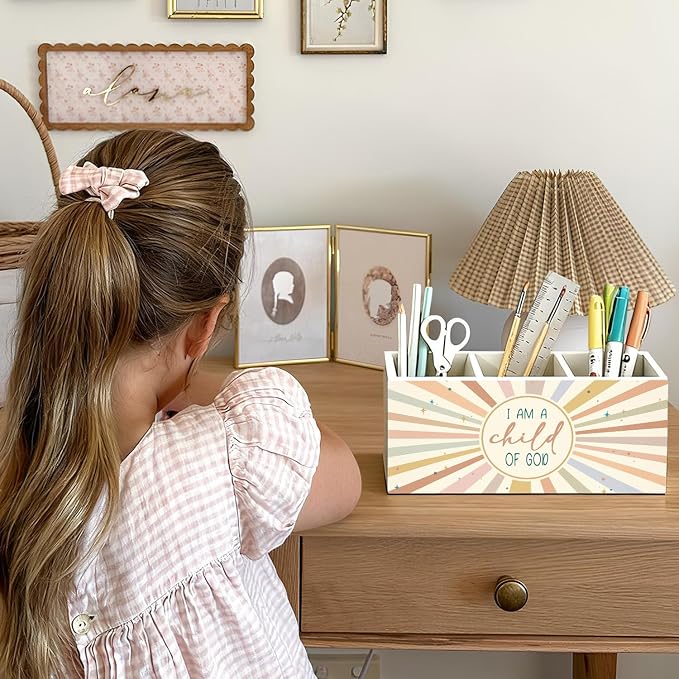 Boho Sunshine Christian Pen Holder, Christian Gifts Pencil Holder for Desk, I Am a Child of God Bible Verse Wooden Box Sign Decorations for Kids Nursery Room Bedroom Classroom Desk Tabletop