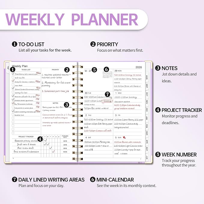 Academic Planner 2026-2027, Weekly and Monthly, A5 Size (5.7" x 8.3"), July 2026 - June 2027, Agenda 2026-2027 for Tracking, for School, Home, Office, Hardcover, 12-Month Tabs (Purple)