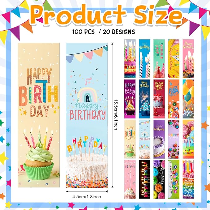 Skyygemm 100 Pcs Happy Birthday Bookmarks Bulk Happy Birthday Classroom Gifts for Kids Students Teacher Reward Back to School Birthday Party Favors Classroom Stationery Supplies (Cake)
