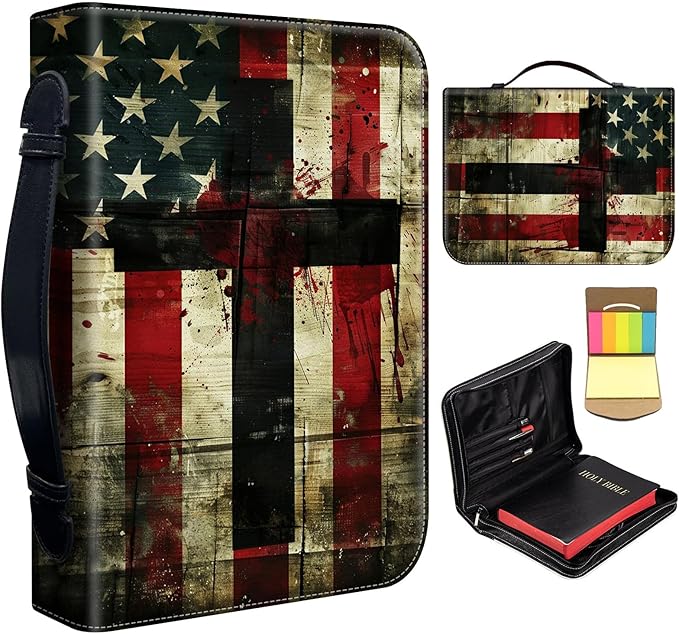 Bible Cover for Men Women,Large Leather Bible Case Fit Book Up to 11x8x2 Inch,Cross on American Flag Bible Covers Bible Study Carrier Church Bags w/Handle & Zipper