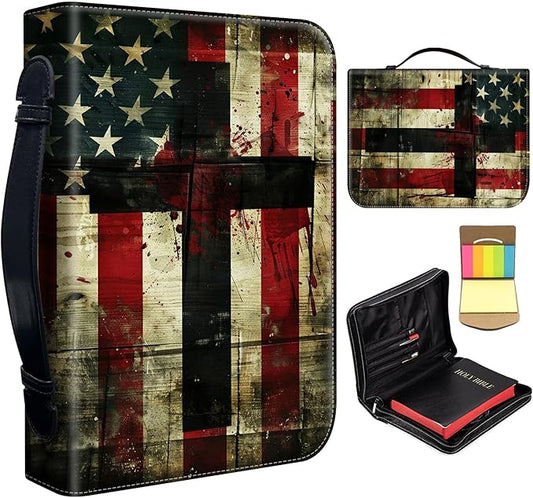 Bible Cover for Men Women,Large Leather Bible Case Fit Book Up to 11x8x2 Inch,Cross on American Flag Bible Covers Bible Study Carrier Church Bags w/Handle & Zipper