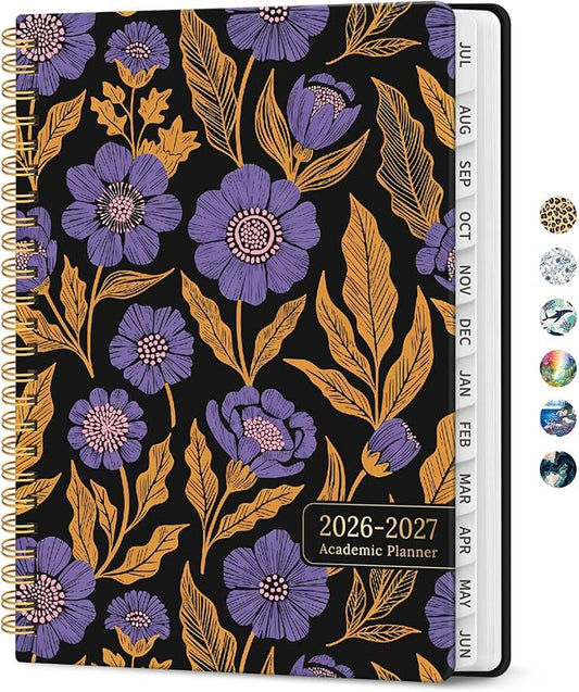 Planner 2026–2027, Weekly & Monthly Academic Organizer for School Year, Jul 2026–Jun 2027, Hardcover Planner with Tabs, Back to School Essential, 6.3" x 8.5", Nocturne Blooms