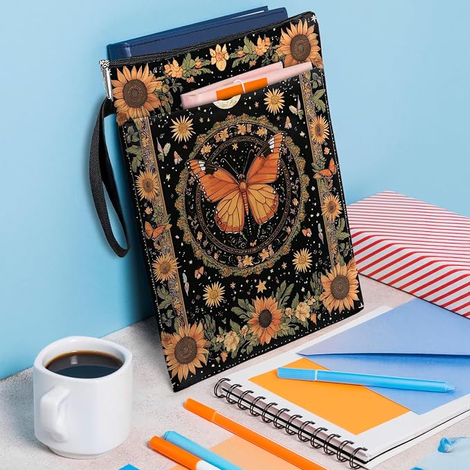 Vintage Floral Butterfly Book Cover, Waterproof Book Sleeve with Zippered Front Pocket Retro Flowers Book Pouch for Book Lovers, Christmas, Birthday, Graduation Gifts (Butterfly&Flower, Large)