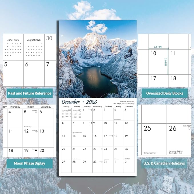 2026 Wall Calendar Lake, 12 Months Hangable Wall Calendars, 12" x 24" (Open), Thick Glossy Paper, Organizing & Planning