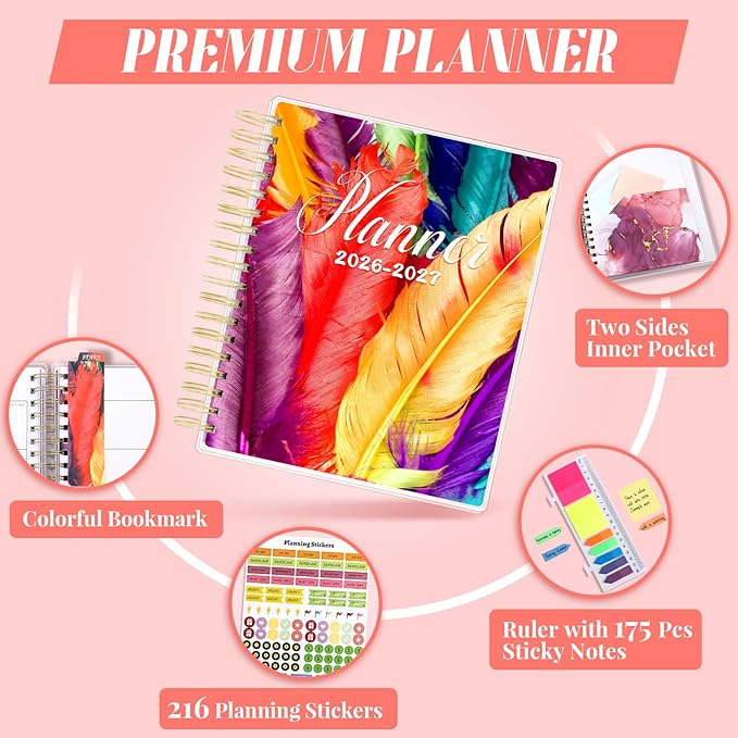 Planner 2026-2027, Large 18 Months Academic Daily Weekly Monthly Planner Yearly Agenda Jan. 2026–June. 2027, 7.9" x 9.8", Page Tabs, Separator Page, Pocket Folder, Bookmark, Stickers, Sticky Note Set