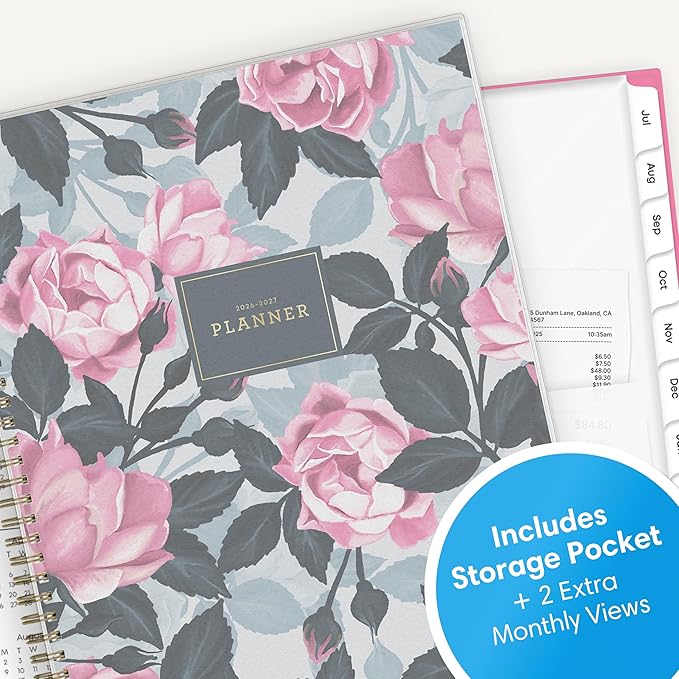 Blue Sky 2026-2027 Weekly and Monthly Academic Year Planner Calendar, July 2026 - June 2027, 8.5" x 11", Flexible Cover, Wirebound, Storage Pocket, Laminated Tabs, Roosevelt Pink