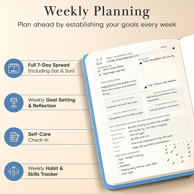 2026 Planner, Daily Journal & Gratitude Journal All-In-One with To Do List, Self Care Prompts & Habit Tracker - 7 x 10 - Blue
