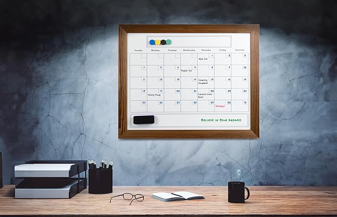 Large Magnetic Dry Erase Whiteboard Calendar with Real Wooden Frame, Large 24" x 30" Size, Wall Mount, Includes 4 Assorted Color Markers, Eraser and 4 Magnets, by Better Office Products (Rustic Brown)