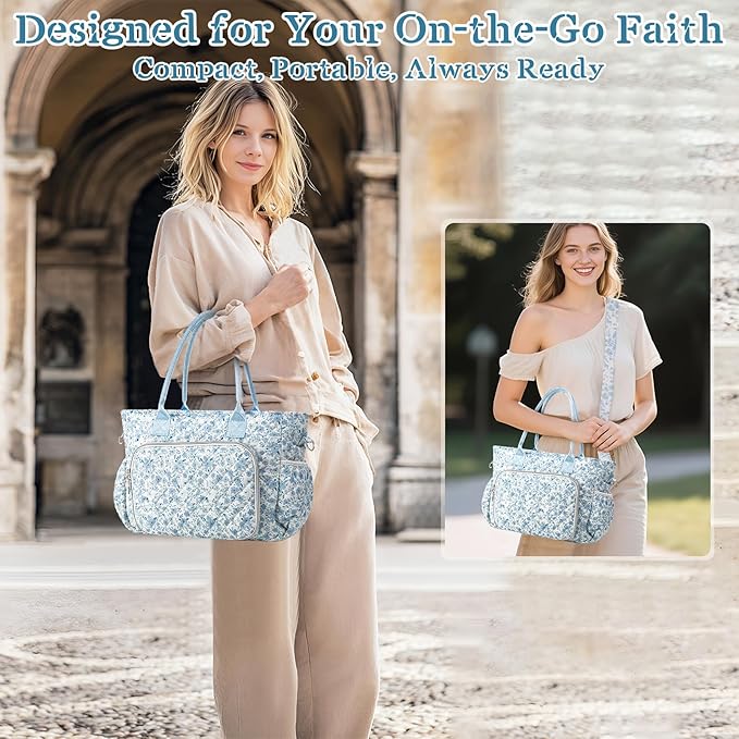 Large Bible Bag Quilted Bible Cover Case Kit for Women Church Bag with Shoulder Strap Study Supplies Christian Gifts(Blue Flower)