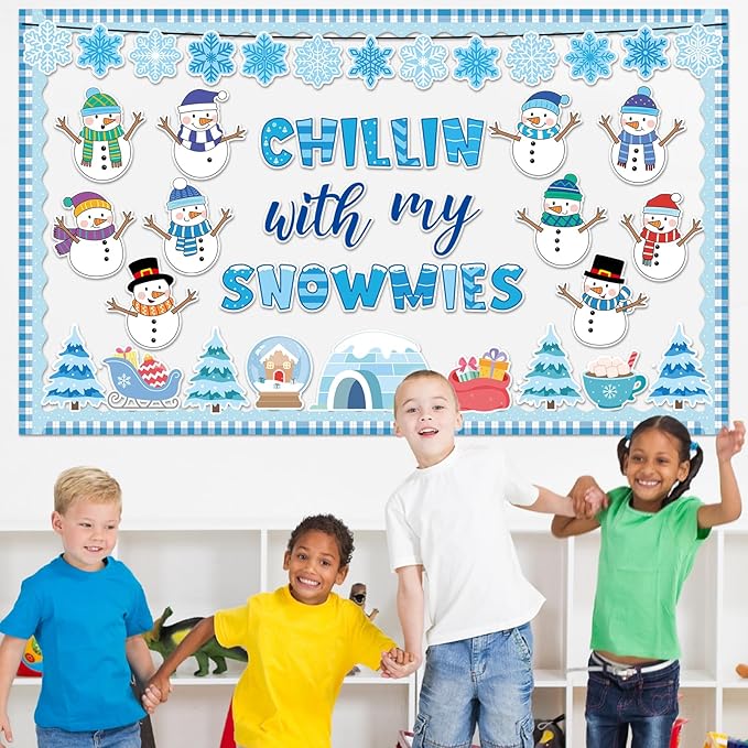 Winter Bulletin Board Decoration Set Christmas Snowman Classroom Decorations Chillin with My Snowmies Bulletin Board Winter Tree Snowflake Cutouts for Holiday Party School Home Chalkboard Wall Decor
