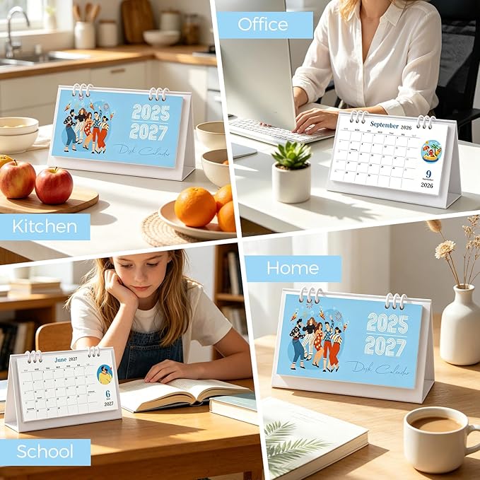 KONVINIT Small Desk Calendar 2025-2027, Blue 2026 Desk Calendar - 6.3" x 3.1" - Runs From July 2025 Until June 2027, 24 Months Mini Desktop Calendar for School, Home and Office Supplies