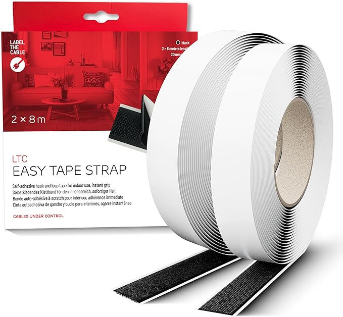 Easy Tape Strap – Self-Adhesive & cuttable Hook and Loop Tape 8m x 20mm 2-Pack – Removable Hook and Loop Fastener roll for Indoor use – Fastener Tape for fastenings & DIY Projects (LTC 1510-8-20)